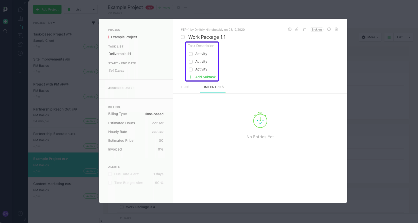 Subtasks in Paymo