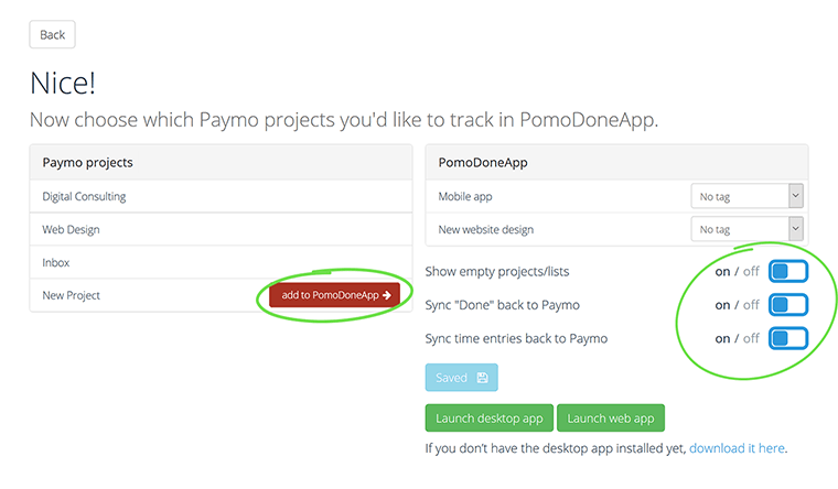 sync pomodone integration with paymo