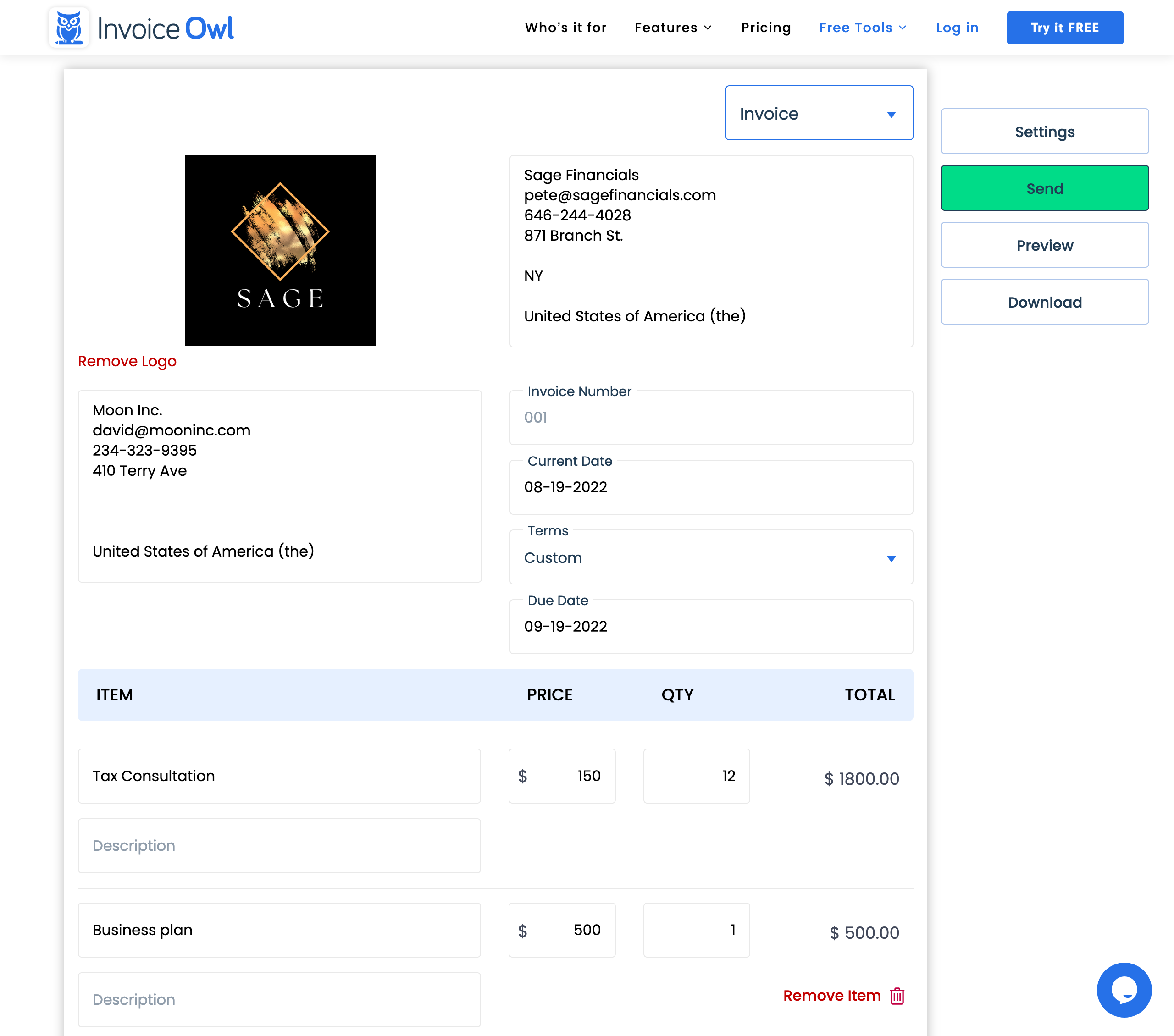 Invoice Owl generator