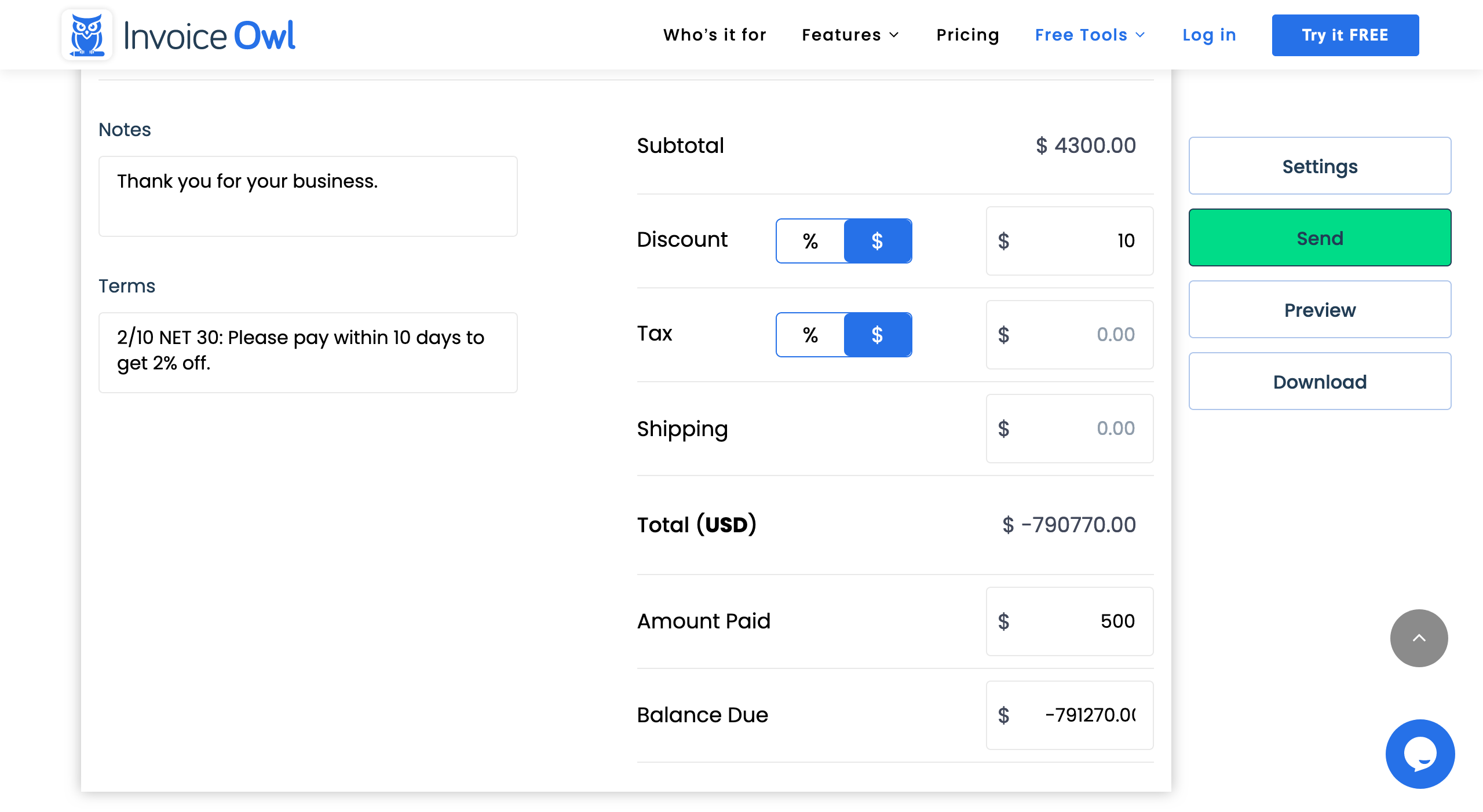 Invoice Owl discount error