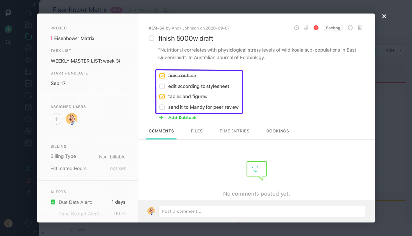 Subtasks in Paymo